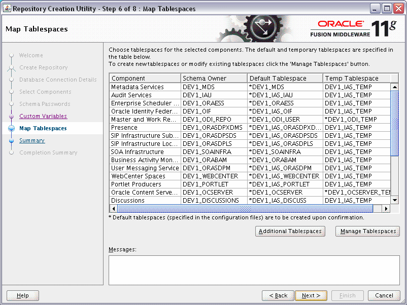 rcu map tablespaces screen