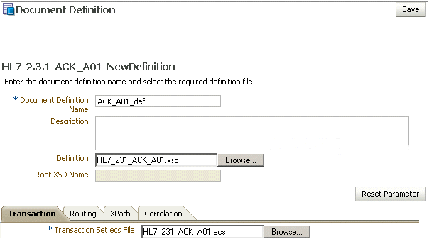 Document definition parameters for an HL7 document