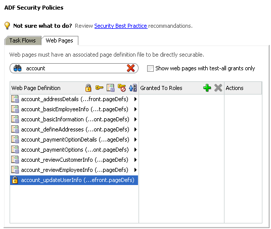 Searching for a web page in ADF policy editor