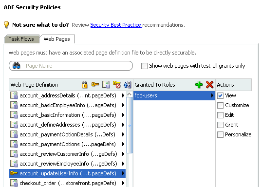 Page definition grant in ADF policy editor