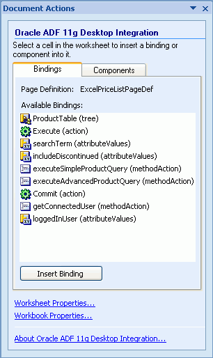 ADF Bindings Palette in the Desktop Integration Designer