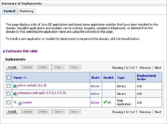 Deployments Window with the Deployed Application