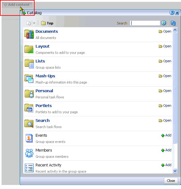 Oracle Composer Add Content button and Catalog