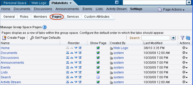 Pages subtab for selected group space