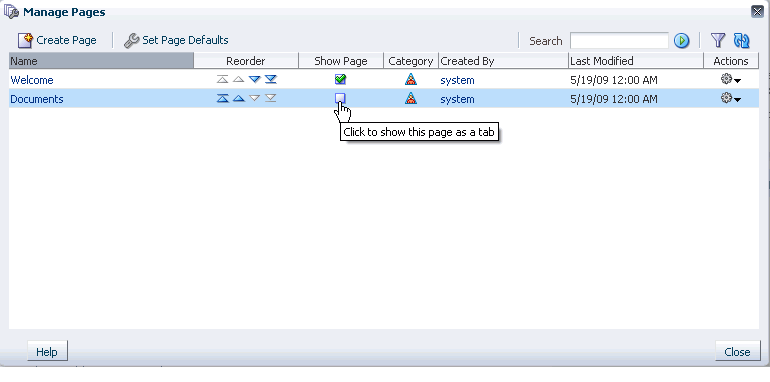 Show Page checkboxes in the Manage Pages dialog