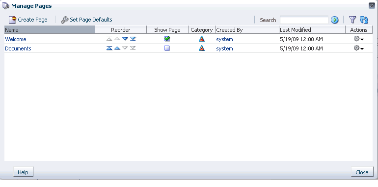 Manage Pages dialog