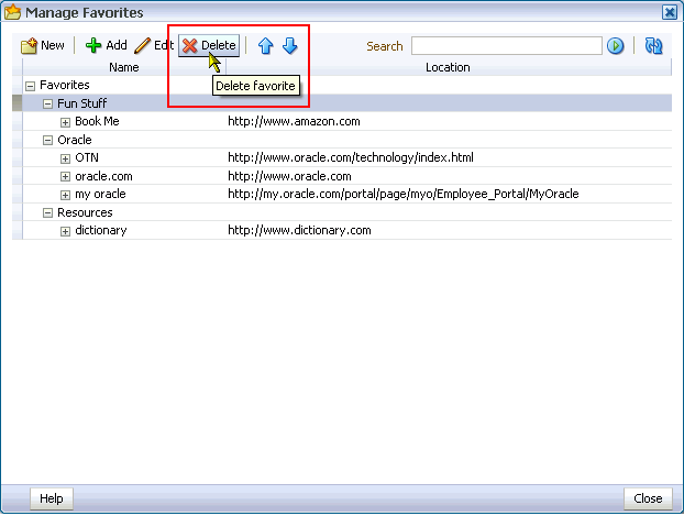 Delete button on Manage Favorites toolbar
