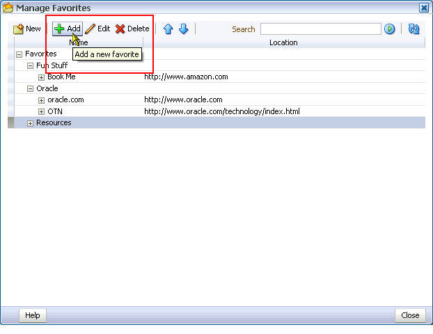 Add button in the Manage Favorites window