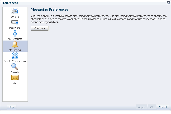 Messaging Preferences panel in the Preferences dialog