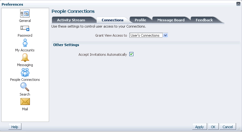 Connections tab on the People Connections Preferences panel