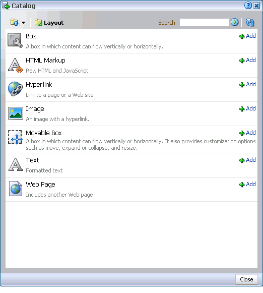 Layout components in the Oracle Composer Catalog