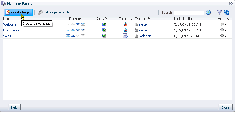 Create Page button