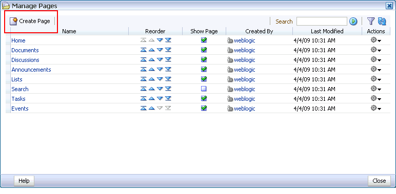 Create Page command in Manage Pages