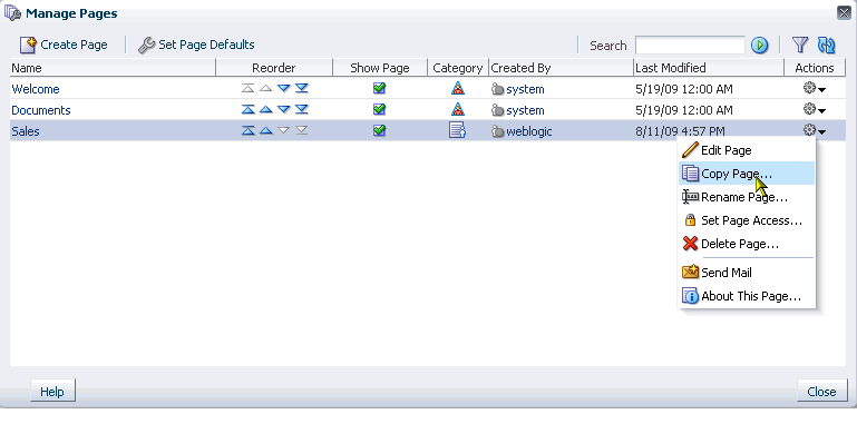 Copy Page command on the Actions menu