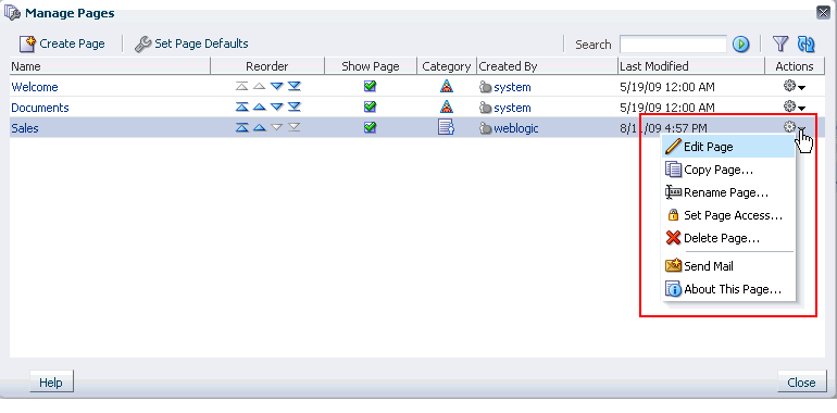 Actions column in Manage Pages dialog box