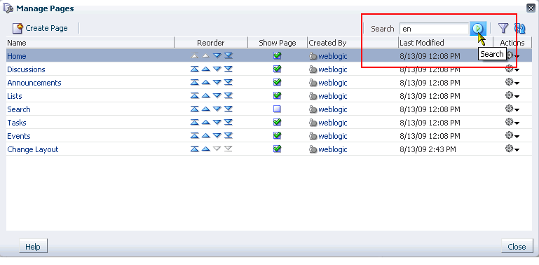 Search field and button in Manage Pages dialog box
