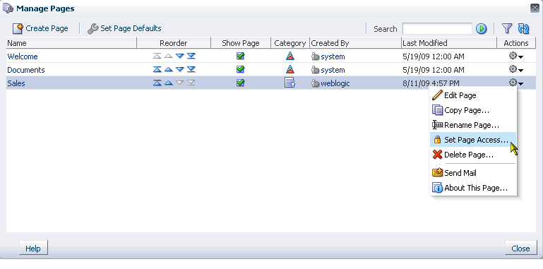 Actions icon and Set Page Access command