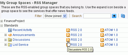 RSS and Atom icons next to a Discussions node
