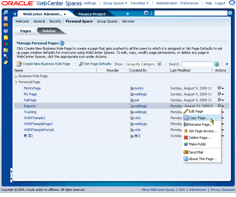 Copy Page option on an Actions menu