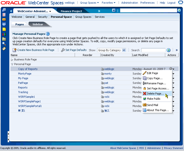 Delete Page option on an Actions menu