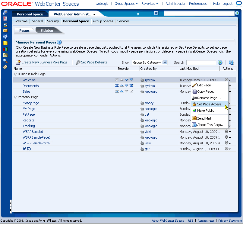 Setting Access Permissions for a Business Role Pages