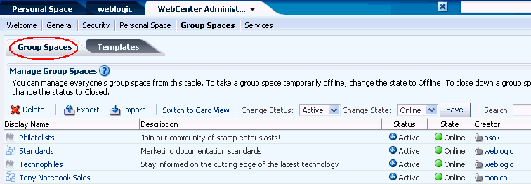 WebCenter Administration - Spaces Tab