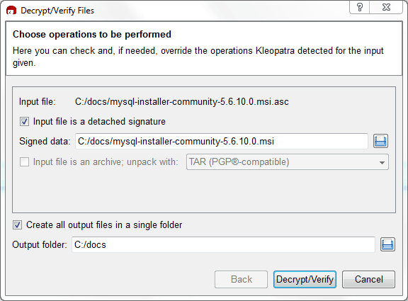 Shows available decrypt and verify options to perform. A MySQL Installer MSI file is used in the example where the .asc file is listed as "Input file" and the .msi file is listed under "Signed Data". The "Input file is detached signature" option's check box is checked. A "Input file is an archive; unpack with:" option is shown but greyed out. Below is the "Create all output files in a single folder" option check box that is checked, and an "Output folder" input field with "C:/docs" entered as an example. The available buttons are "Back" (greyed out), "Decrypt/Verify", and "Cancel."