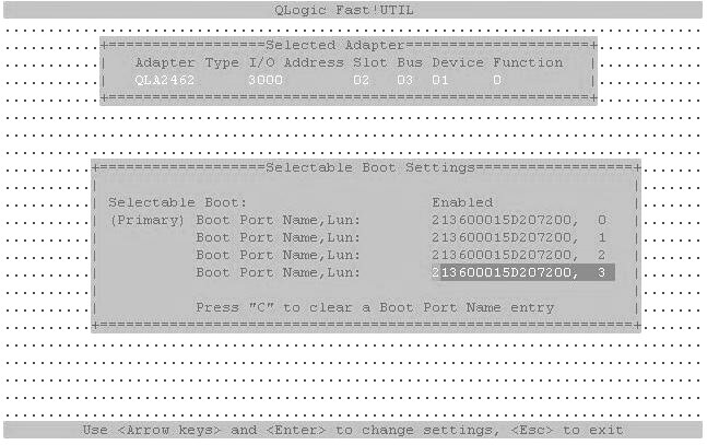 image:QLogic Corporation Inc. HBA BIOS dialog box. This dialog box is used to enable booting from the FC LUN.