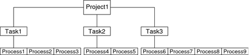 image:Diagram shows one project with three tasks under it, and two to four processes under each task.