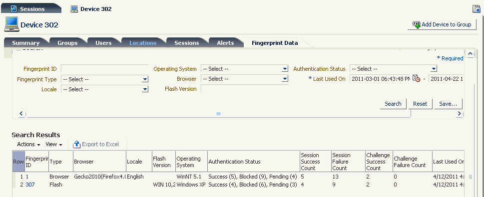 The device details fingerprint data tab is shown.