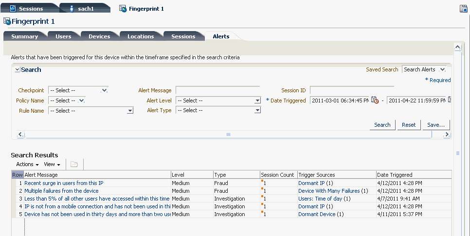 The fingerprint details alerts tab is shown.