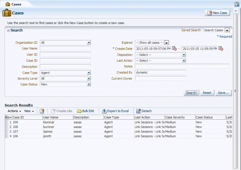 A search screen is shown with new autocreated cases.