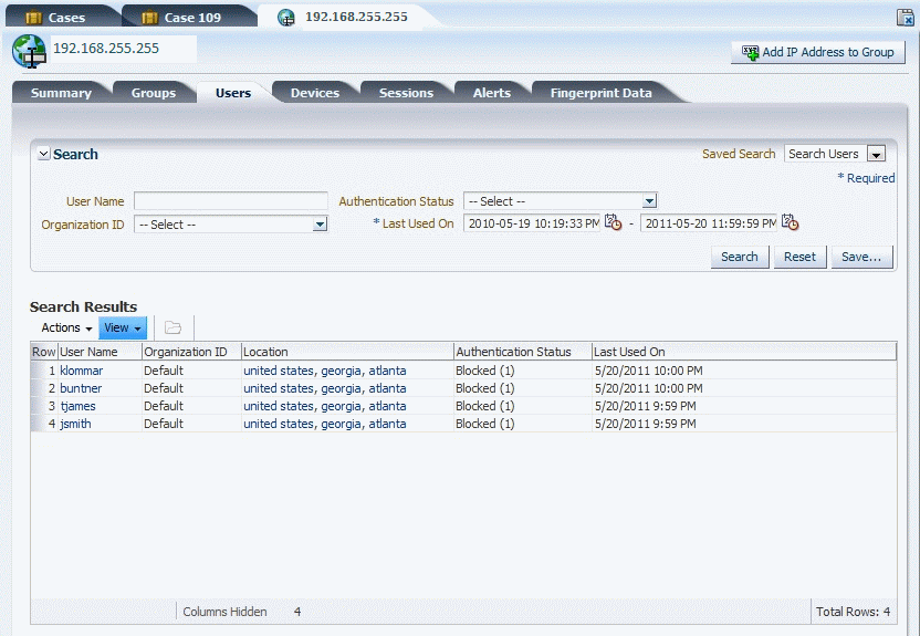 User accounts from a high risk IP address are shown.