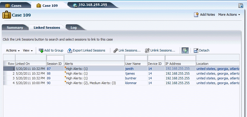 Linked sessions are shown in the Agent case.