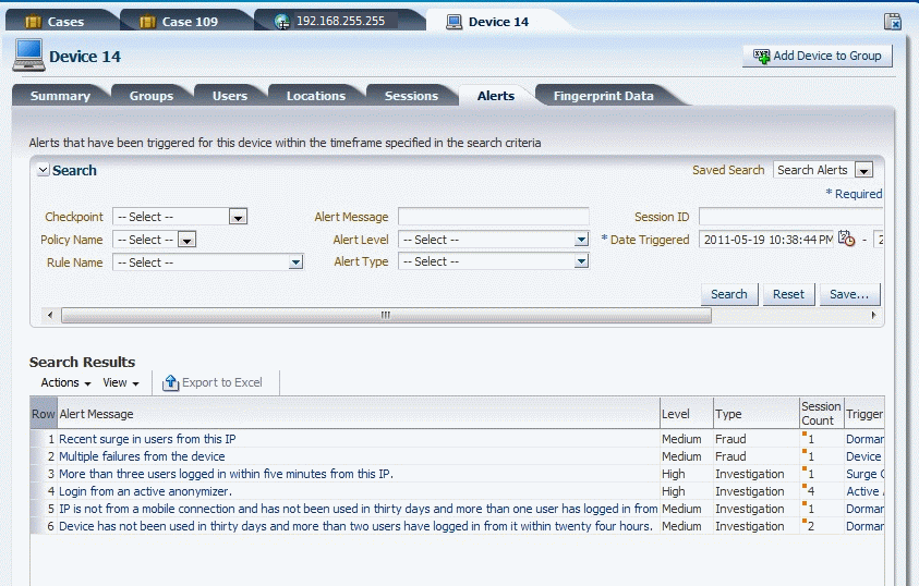 Alerts involving a session parameter are shown.