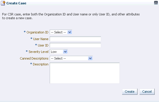 Create Case dialog