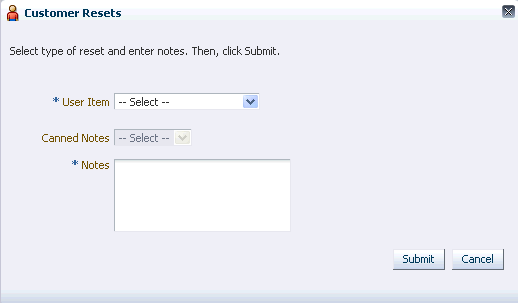 Customer Reset dialog