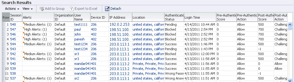 The screen shows the Sessions search page.