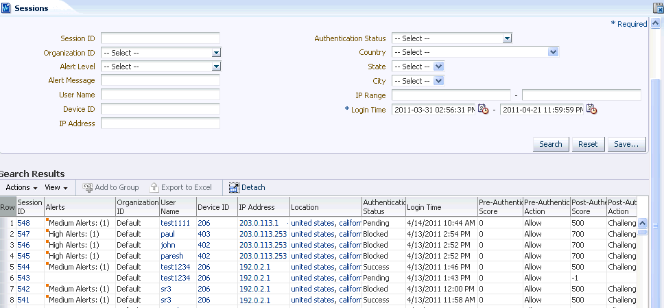 The screen shows the Sessions search page.