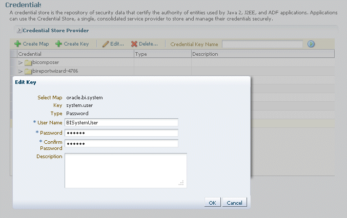 Entering BISystemUser credentials in the Edit Key dialog.