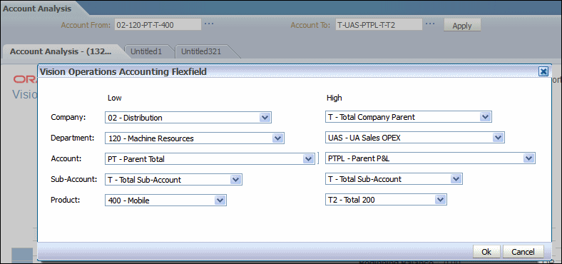 Entering high and low values for flexfield range parameters