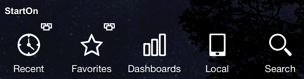 StartOn section shows icons for Recent, Favorites, Dashboards, Local, and Search