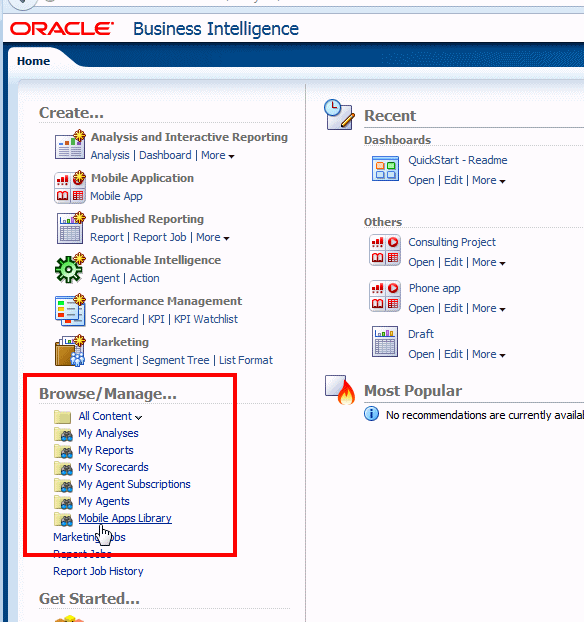 Apps Library link displayed on BIEE home page
