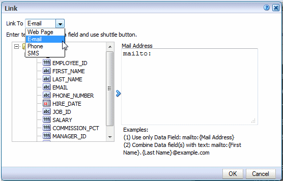 Link dialog choosing Link to Type