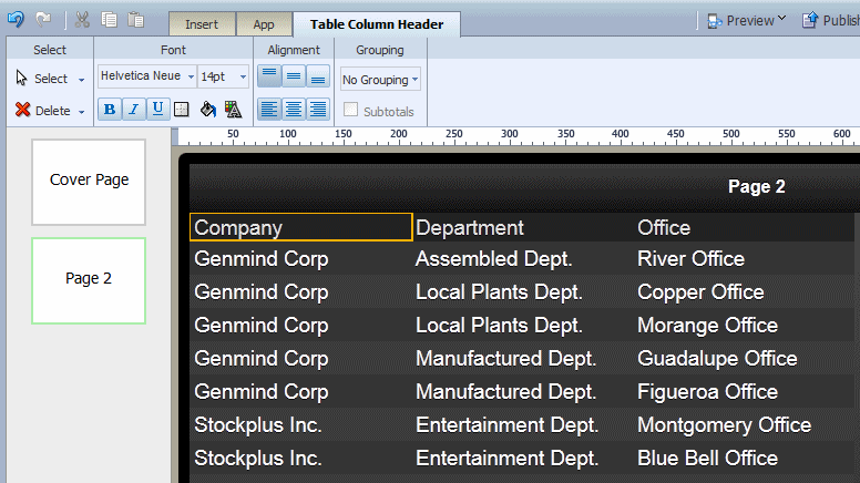Selecting the table column header