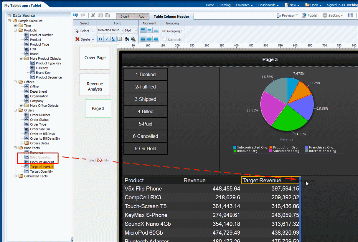 Dropping the data items to the table