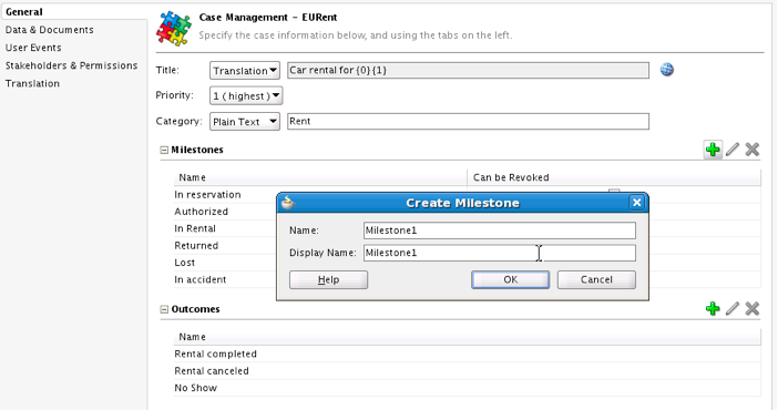 This figure shows the creation dialog for a milestone.