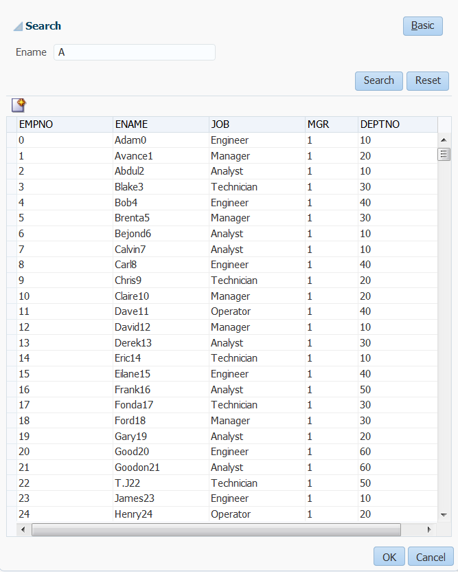 Search popup for a list of values component