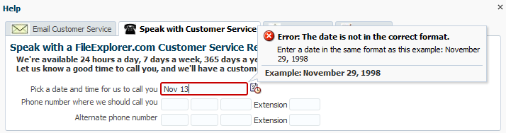 Validation error displayed in a browser