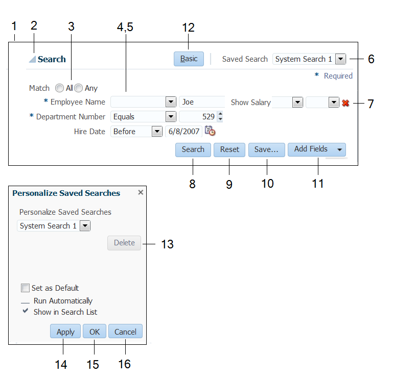 query component’s buttons and fields
